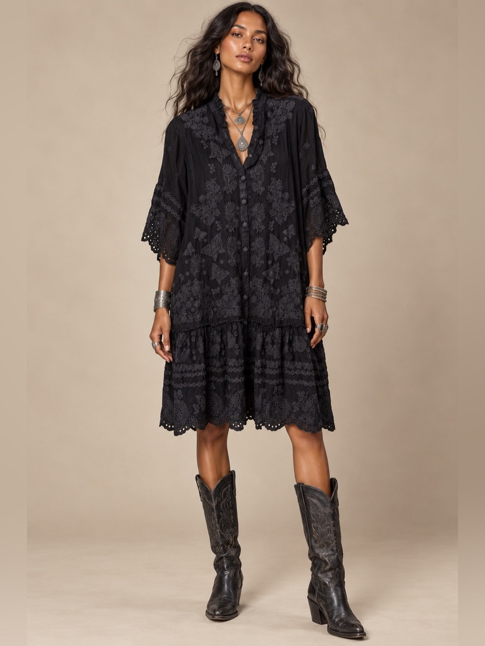 Johnny Was Gracie Black Embroidered Lace Dress